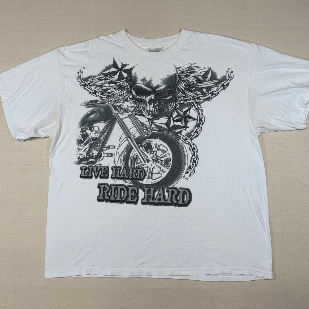 National Heritage Biker Graphic T-Shirt XXL White Live Hard Ride Hard Skull Wing